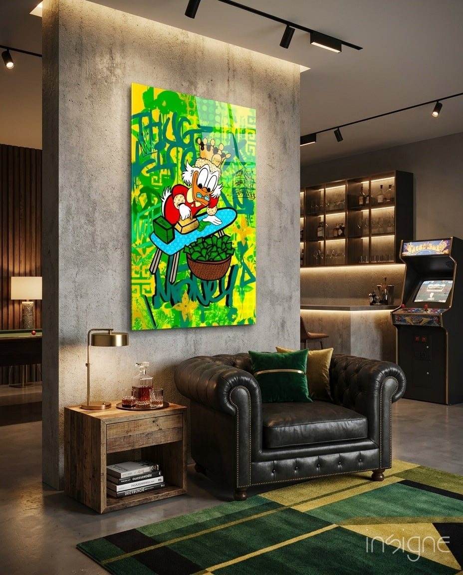 Scrooge Golden Throne scooter glass wall art in a modern executive office