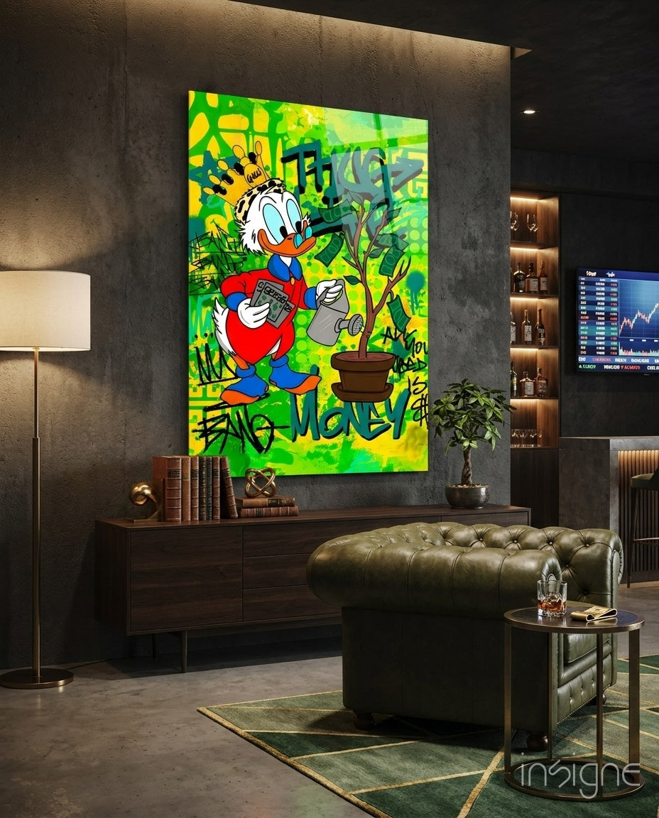 Scrooge Money Tree pop-graffiti glass wall art in a modern executive office