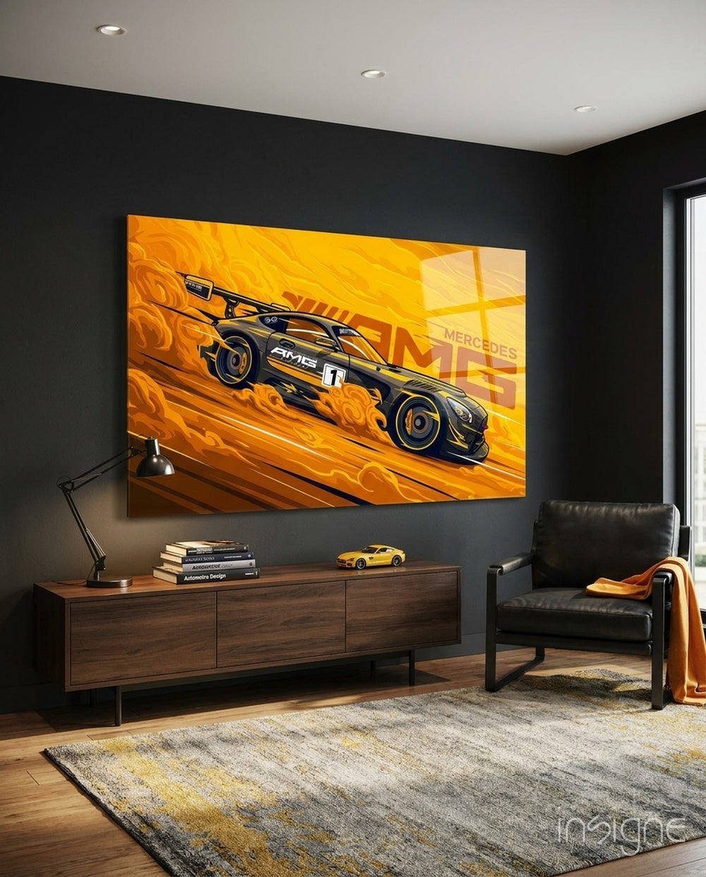 AMG's Fire Yellow Speed Glass Wall Art || Designer Collection - Lifestyle preview in a designer interior