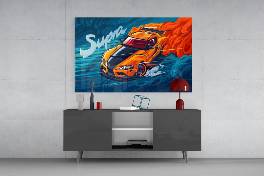 Supra Blazing Speed glass wall art catching light to reveal its inked detail