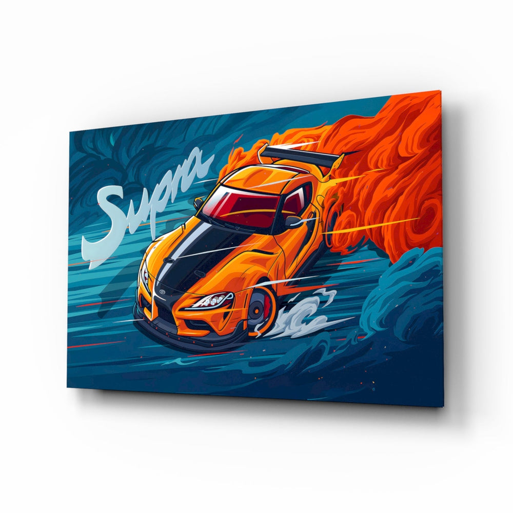 Supra Blazing Speed motorsport glass wall art in a modern man cave