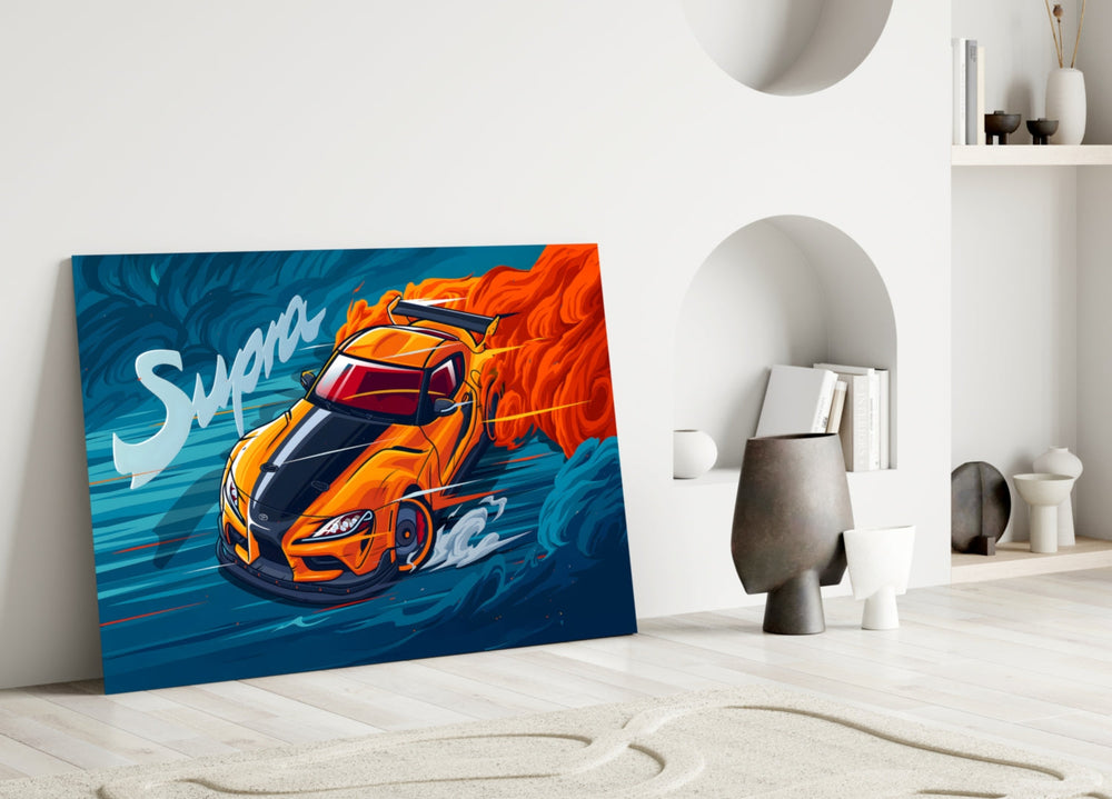 Close-up detail of the Supra and cobalt-orange smoke waves behind glass