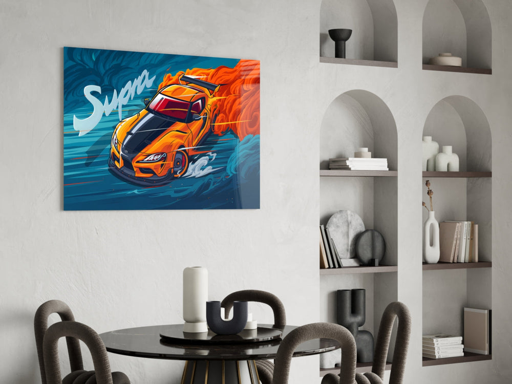 Comic-style glass print bringing motorsport edge to an executive office