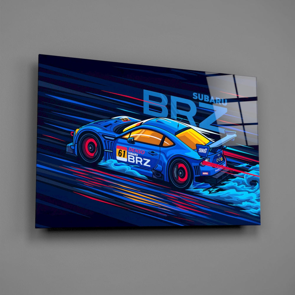 Designer-collection rally panel anchoring a garage lounge wall