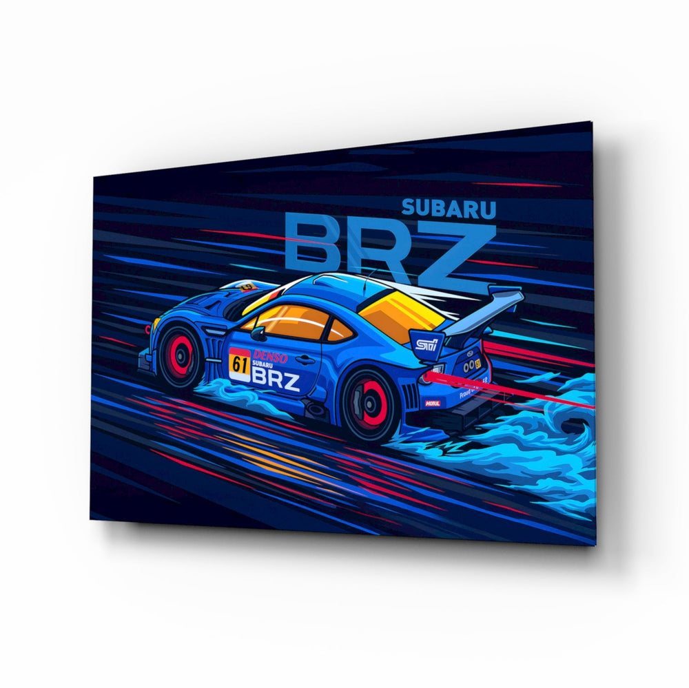 Subaru BRZ Blue Speed motorsport glass wall art in a modern man cave