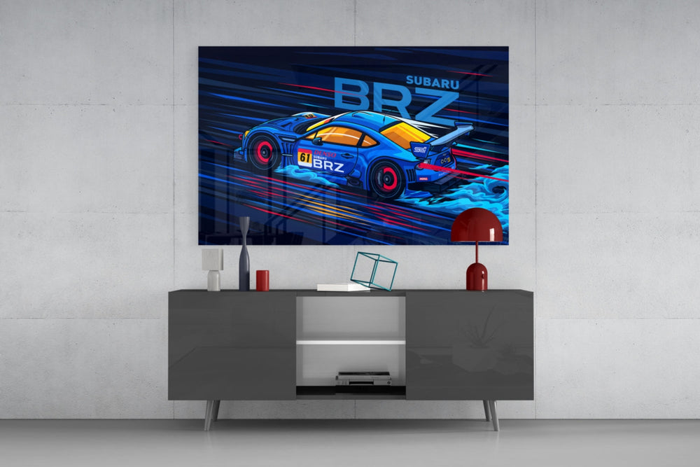 Subaru BRZ glass wall art catching light to reveal its inked detail