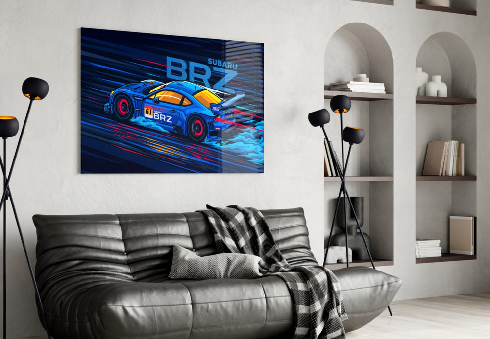 Subaru artwork styled in a teen's bedroom with rally accents