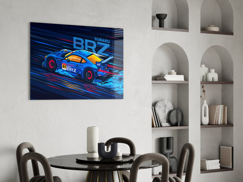 Comic-style glass print bringing rally edge to an executive office