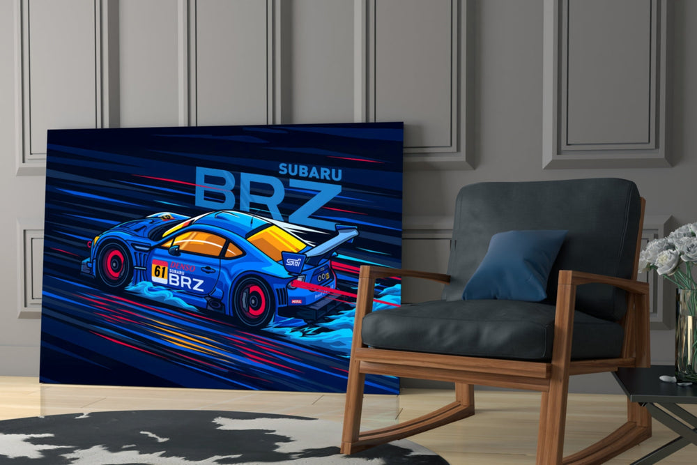 Motorsport panel against a concrete-look or wood-paneled accent wall