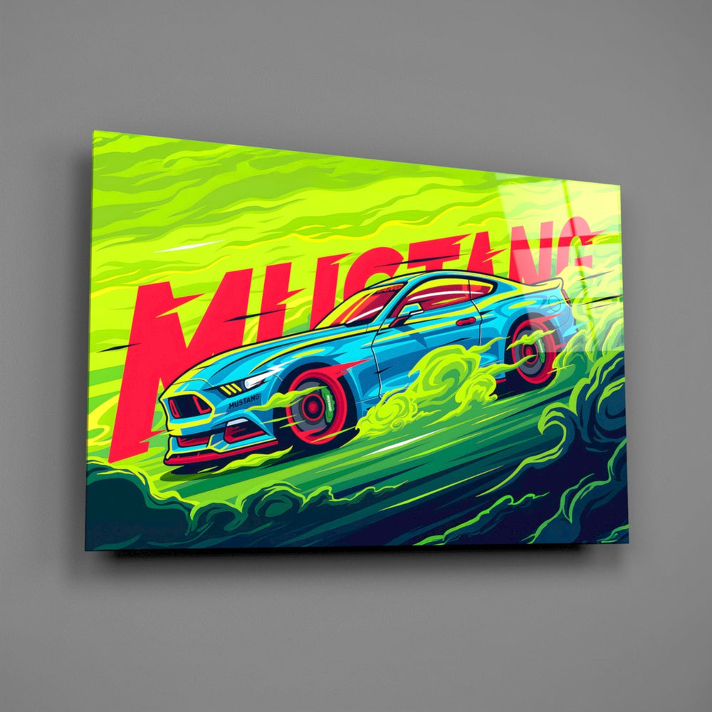 Designer-collection pony-car panel anchoring a garage lounge wall