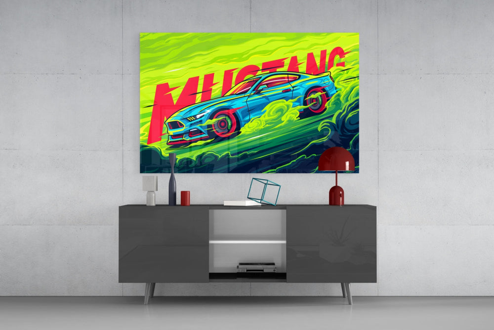 Roaring Mustang glass wall art catching light to reveal its inked detail