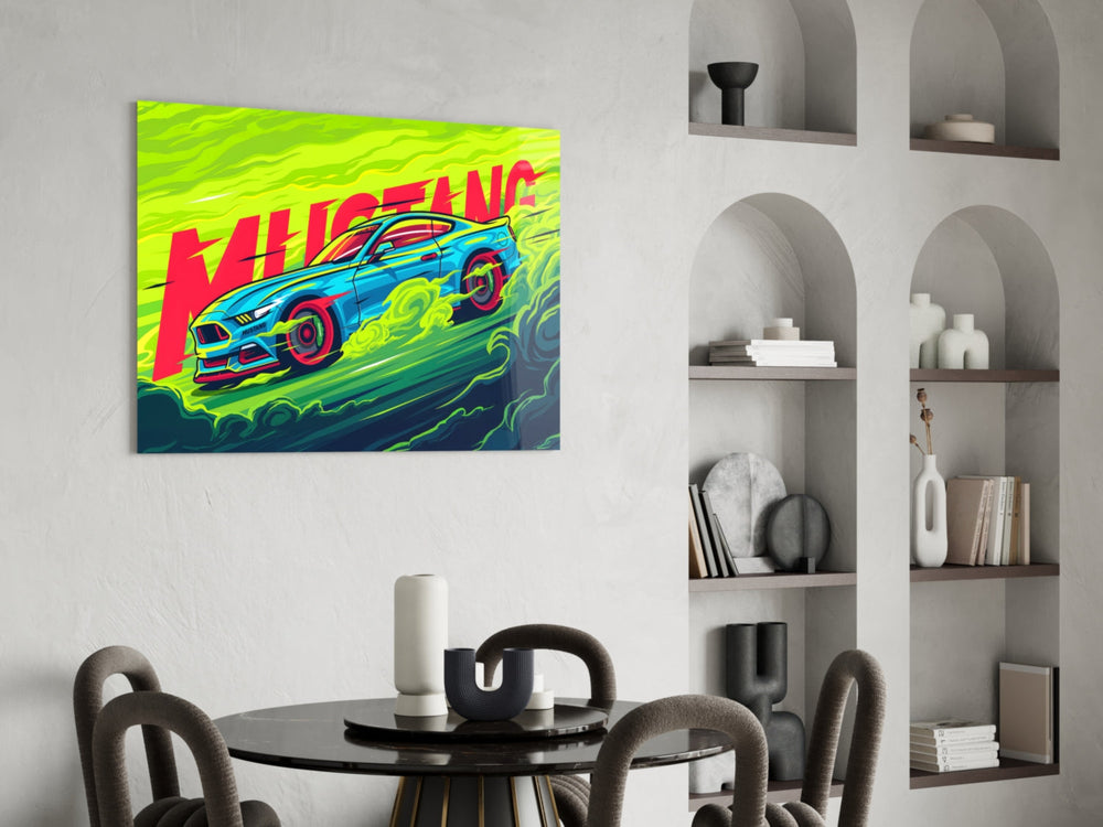 Comic-style glass print bringing muscle-car edge to an executive office