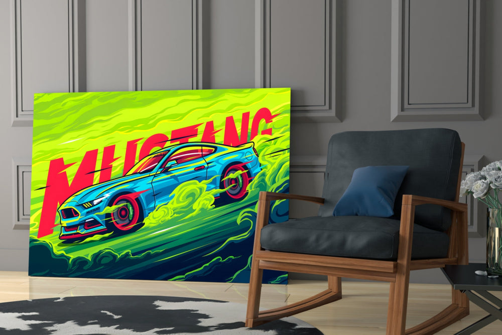 Motorsport panel against a concrete-look or wood-paneled accent wall