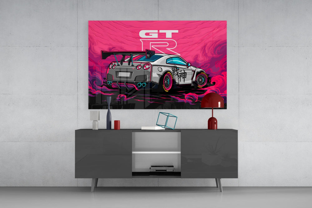 GT-R Pink Storm glass wall art catching light to reveal its inked detail