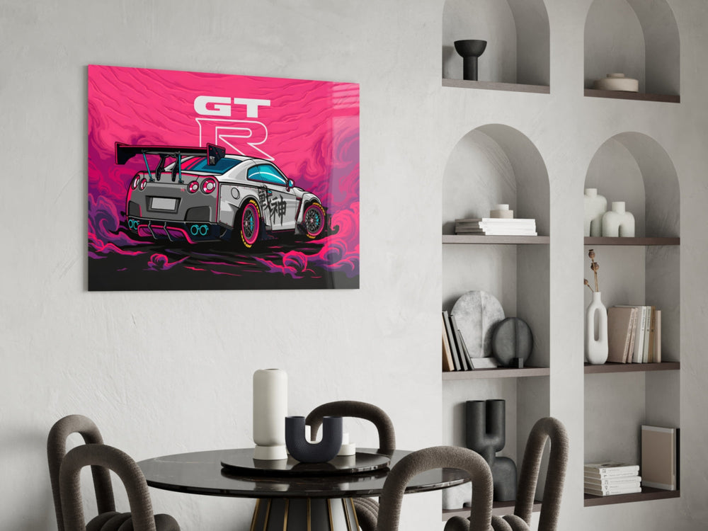 Comic-style glass print bringing motorsport edge to an executive office