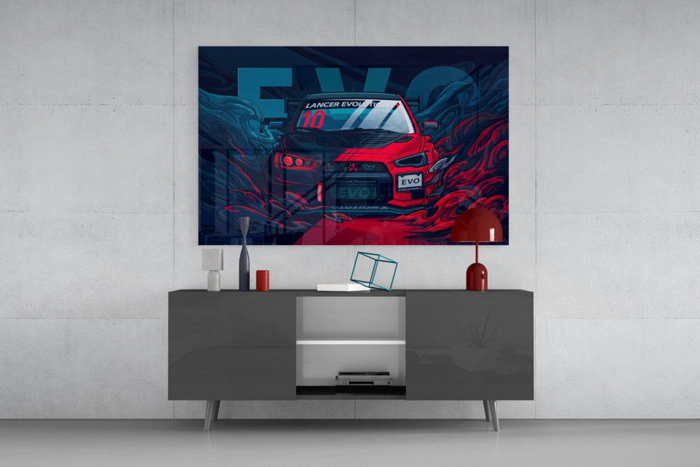 EVO X glass wall art catching light to reveal its inked detail