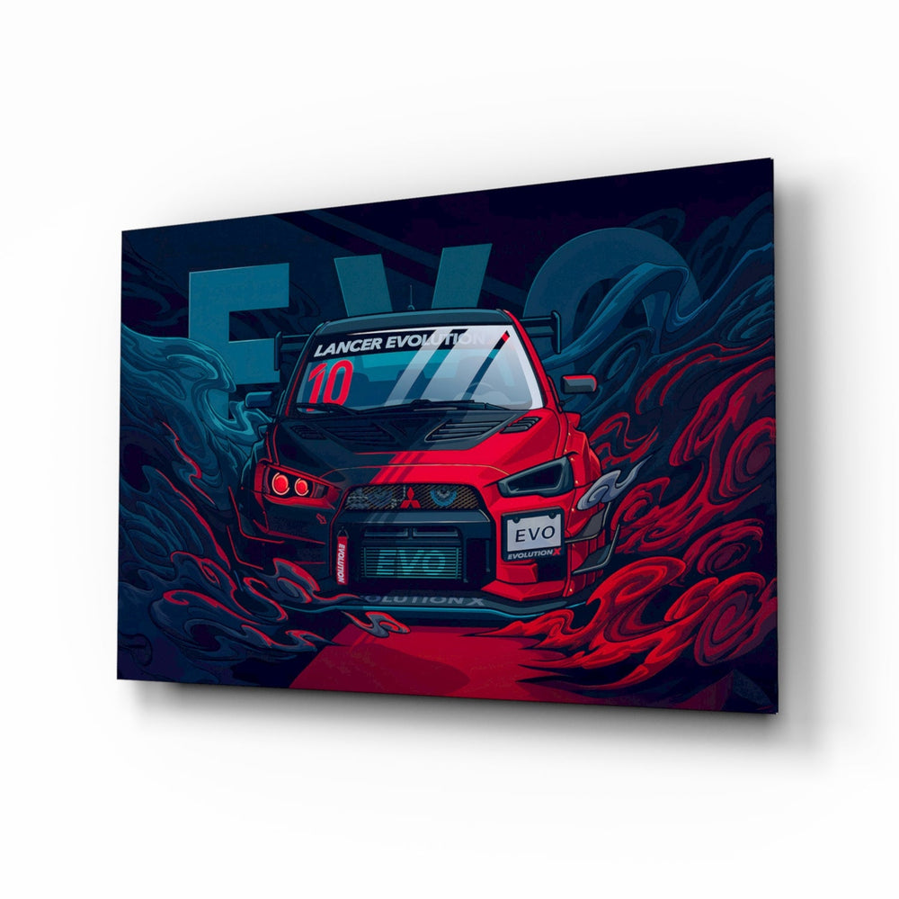 EVO X Red Storm motorsport glass wall art in a modern man cave