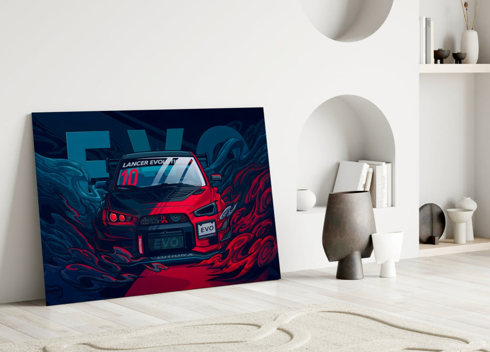 Close-up detail of the Lancer Evo X and crimson-navy swirls behind glass