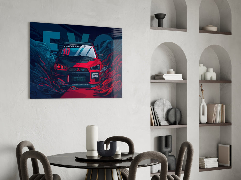Comic-style glass print bringing rally edge to an executive office