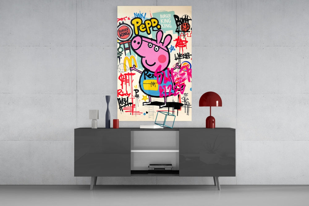 Urban Peppa glass wall art catching light to reveal its layered tags