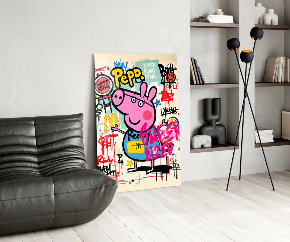 Pop-graffiti glass print bringing wit to a designer's boutique