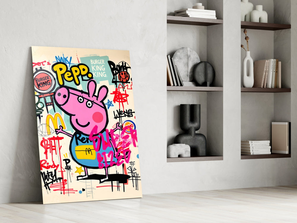 Cartoon-luxury panel against a brick or moody concrete accent wall