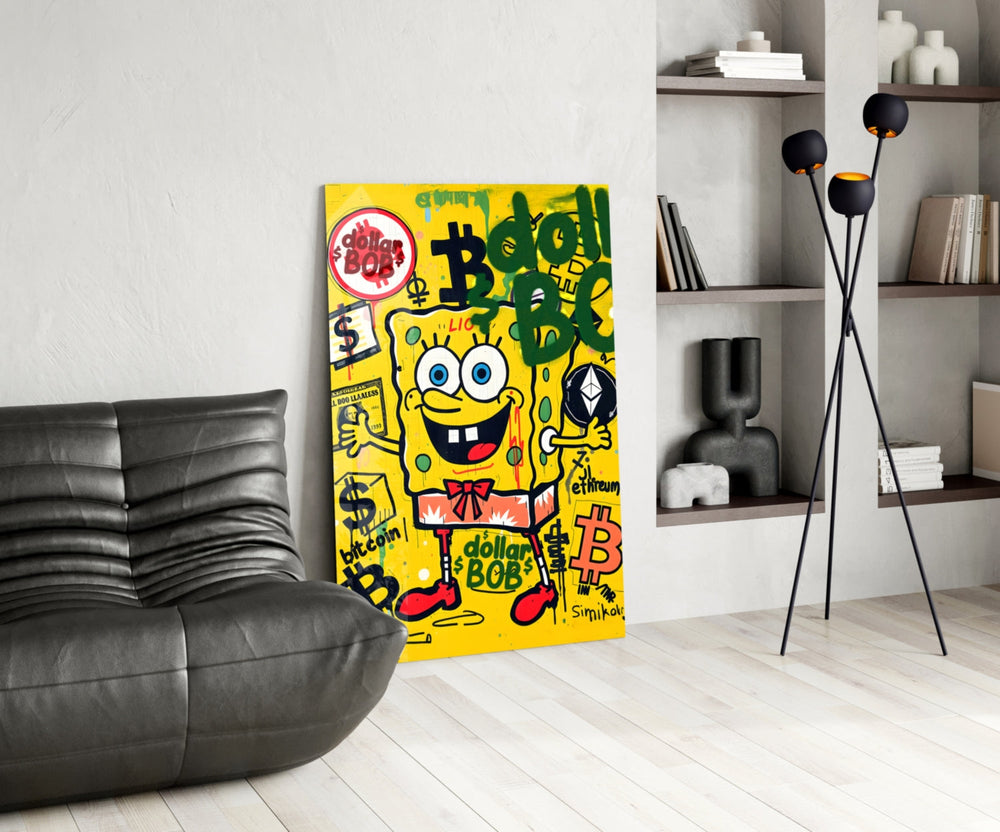 Pop-graffiti glass print bringing wit to a man cave
