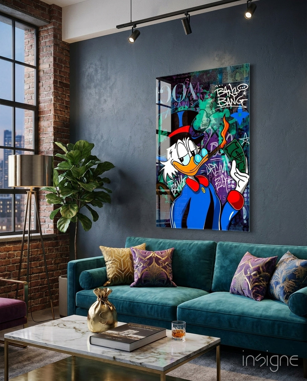 The Luxury Rebel Scrooge Glass Wall Art || Designer Collection - Lifestyle preview in a designer interior