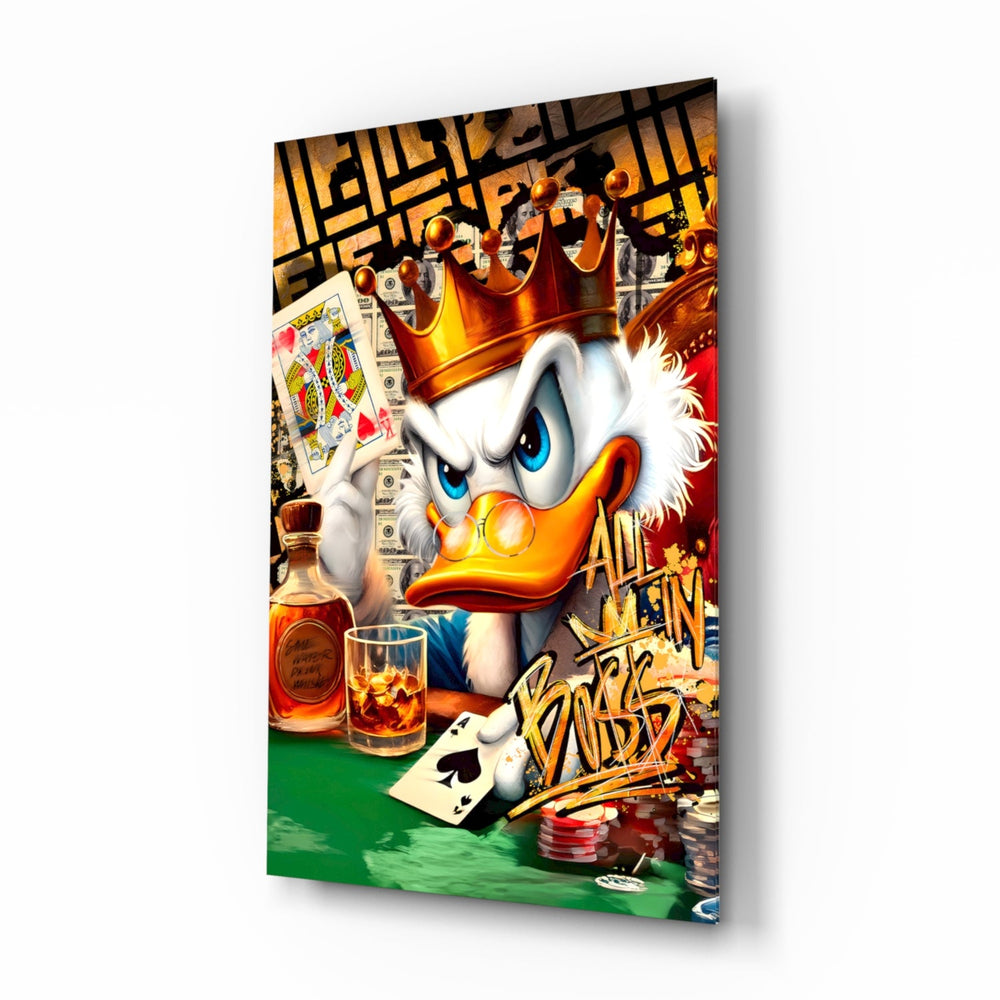 Scrooge King of Poker pop-graffiti glass wall art in a modern poker room