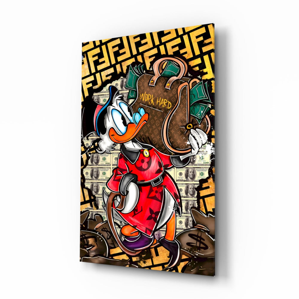 Donald Work Hard pop-graffiti glass wall art in a modern executive office