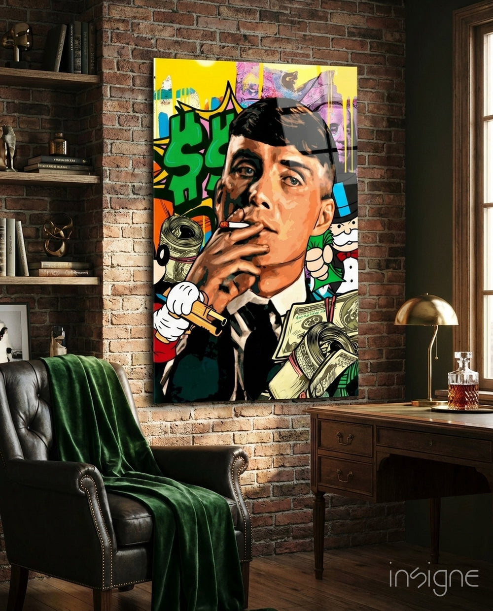 Tommy Shelby Money and Power Glass Wall Art || Designer Collection - Lifestyle preview in a designer interior