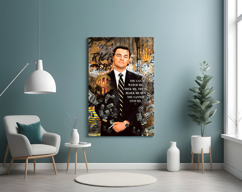 Pop-graffiti glass print bringing manifesto edge to a man cave