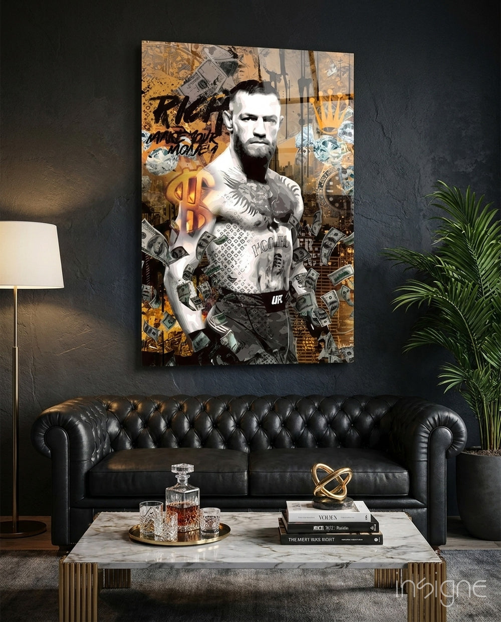 Conor McGregor Riches and Glory Glass Wall Art || Designer Collection - Lifestyle preview in a designer interior