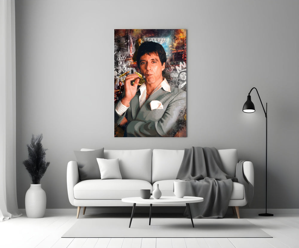 Close-up detail of Tony Montana with gold Uzi behind glass