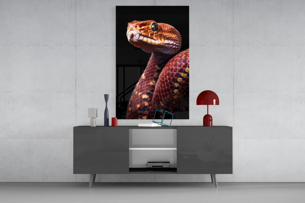 Red Stare Viper glass wall art catching light to reveal its scale detail