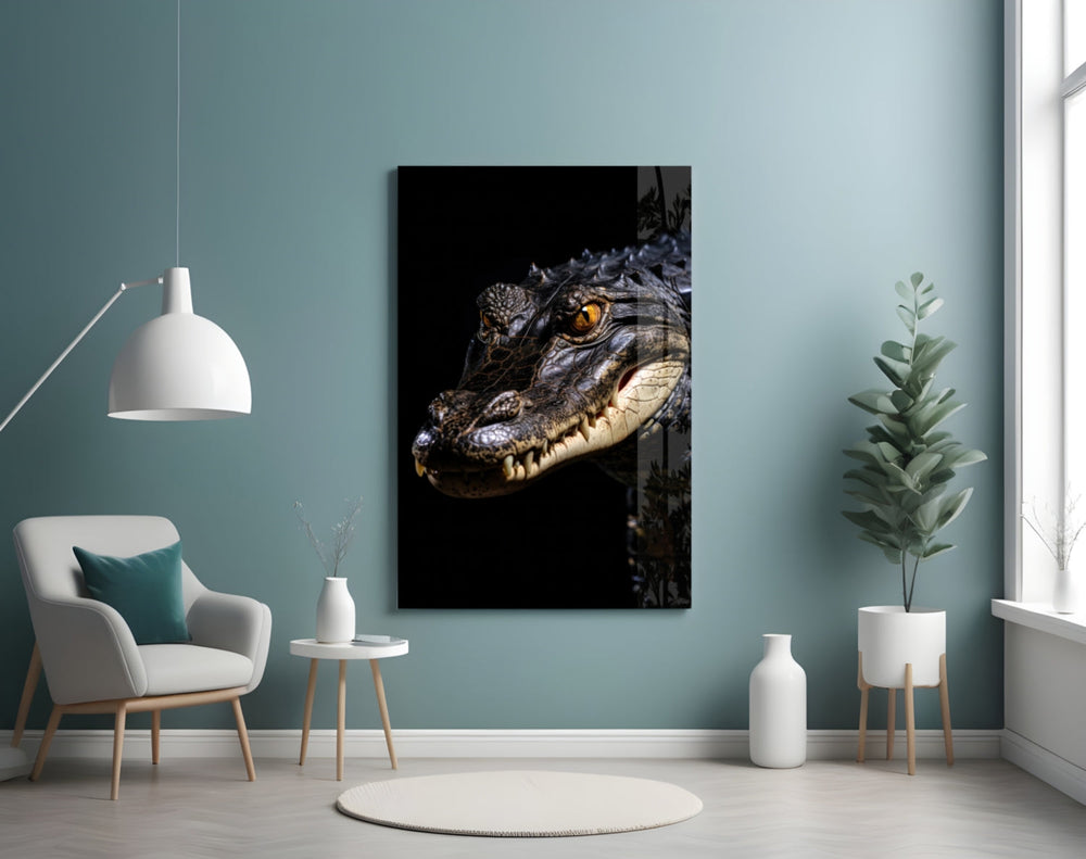 Alligator portrait artwork styled in an executive office