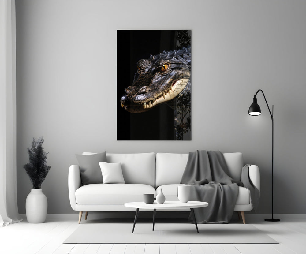Close-up detail of the alligator and amber eye behind glass