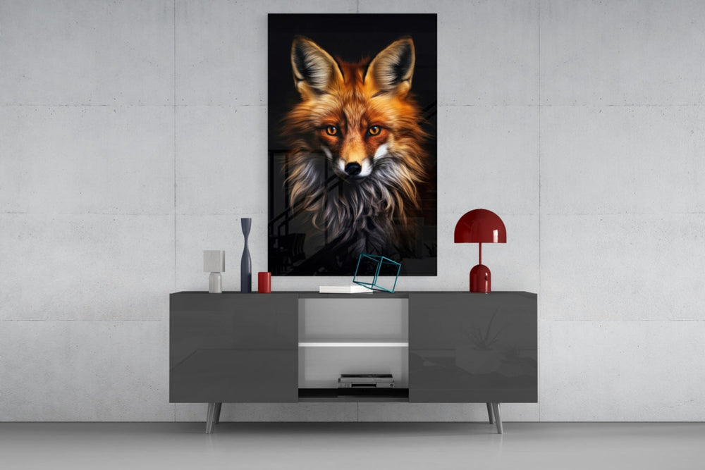 Eyes of the Fox glass wall art catching light to reveal its fur detail