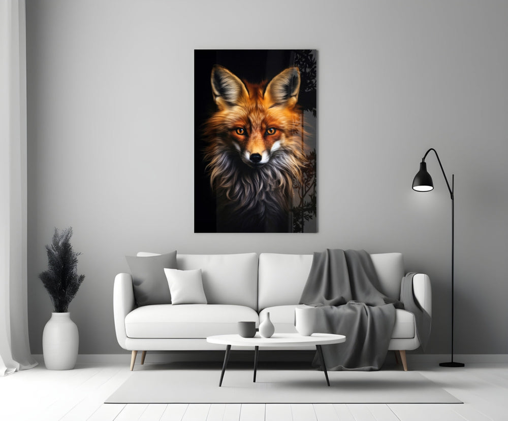 Close-up detail of the red fox and amber eyes behind glass