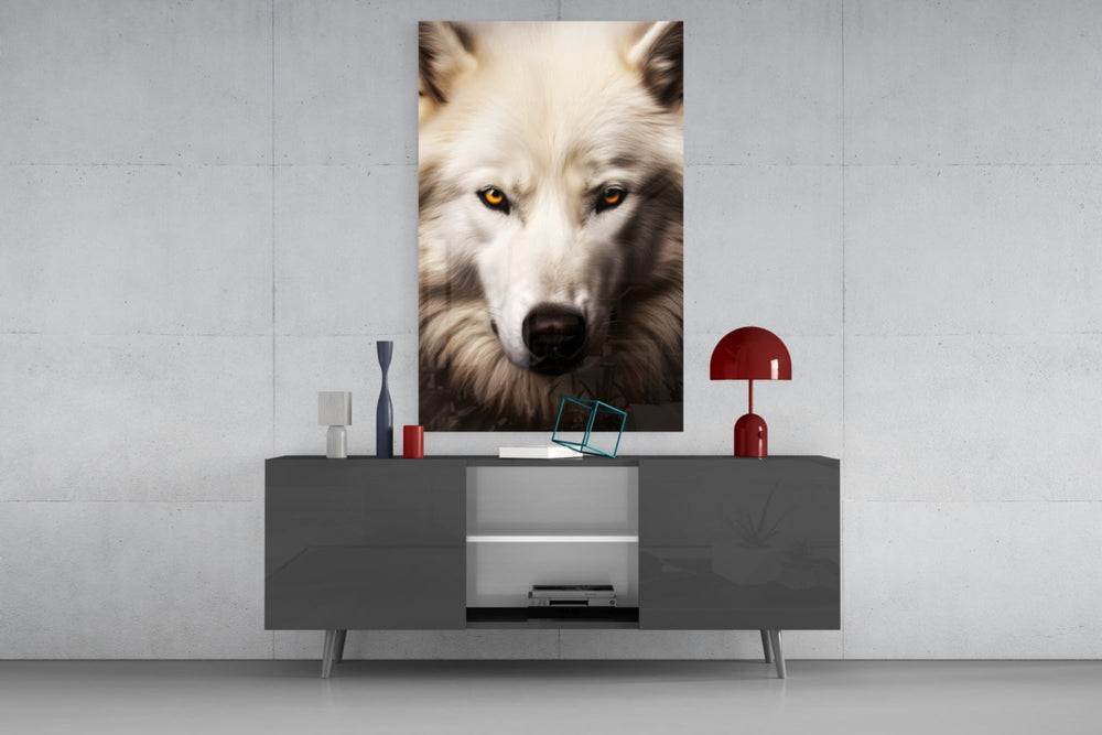 White Wolf's Gaze glass wall art catching light to reveal its fur detail