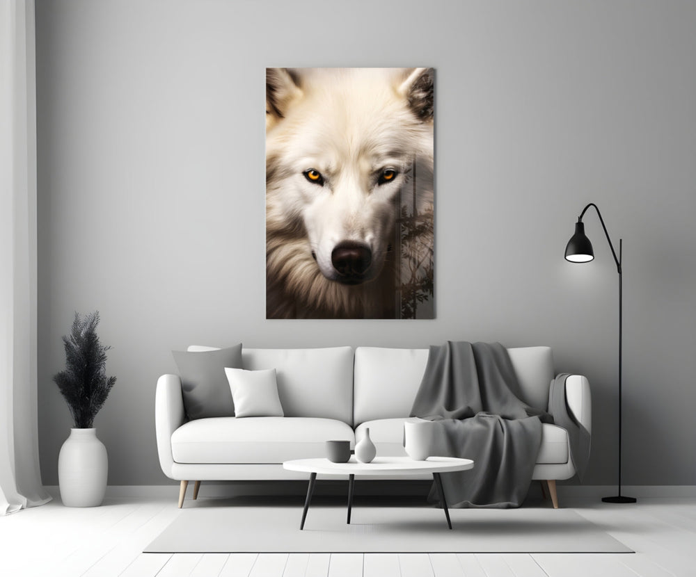 Close-up detail of the white wolf and amber eyes behind glass