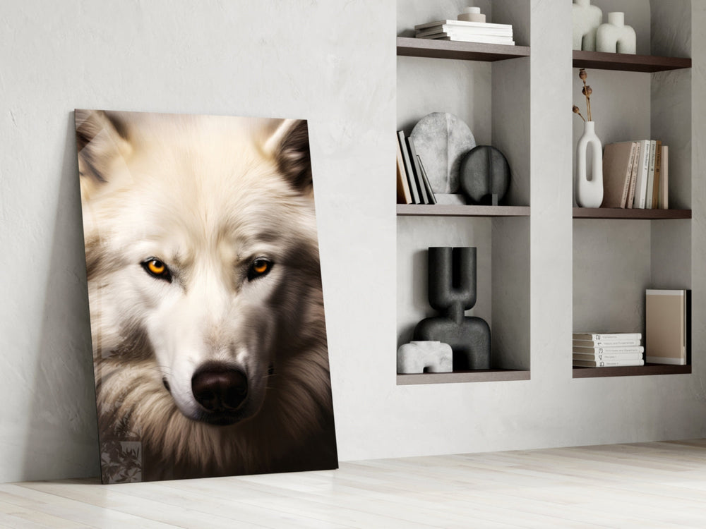 Wolf panel against a moody warm-grey accent wall