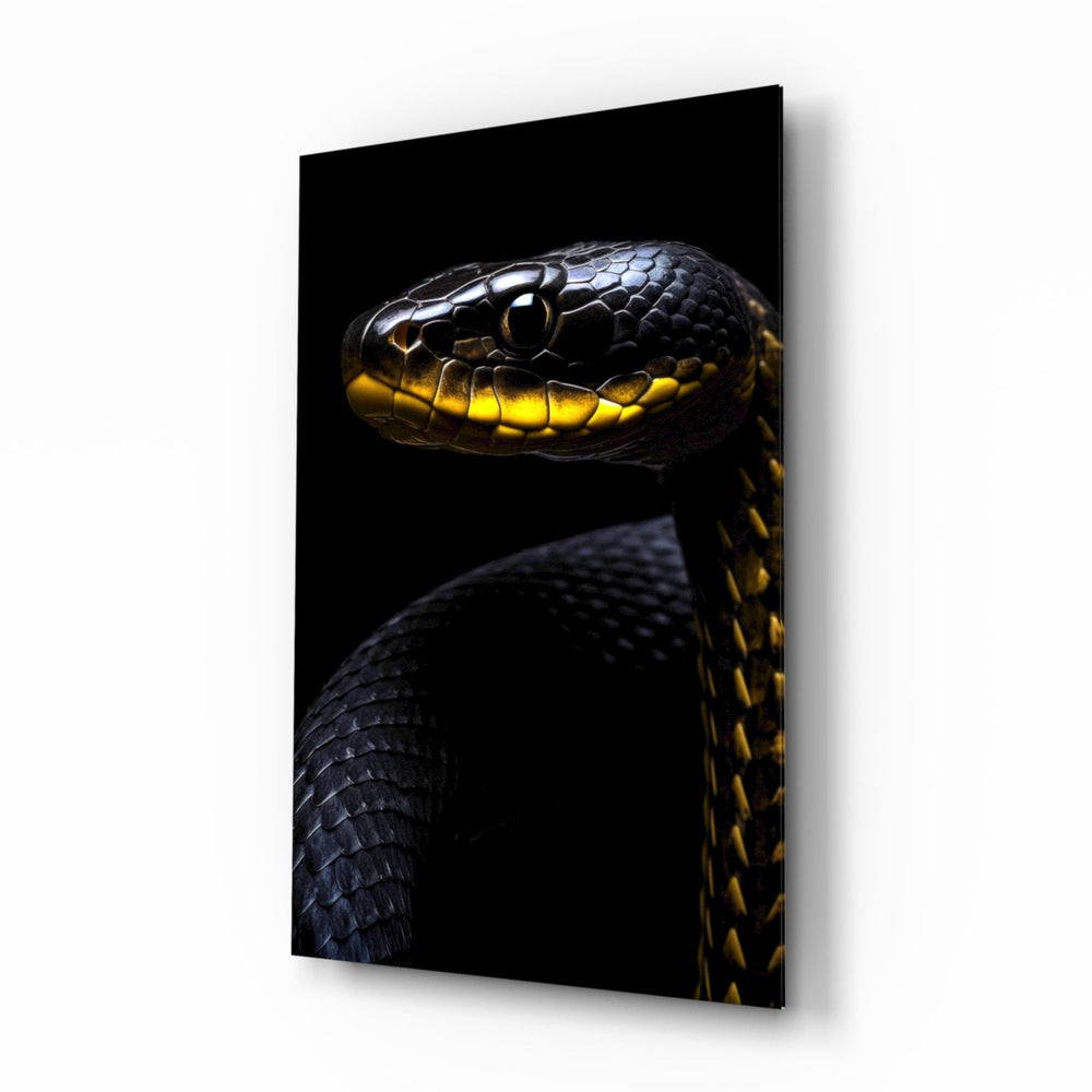 Black and Yellow Viper wildlife glass wall art in a modern study
