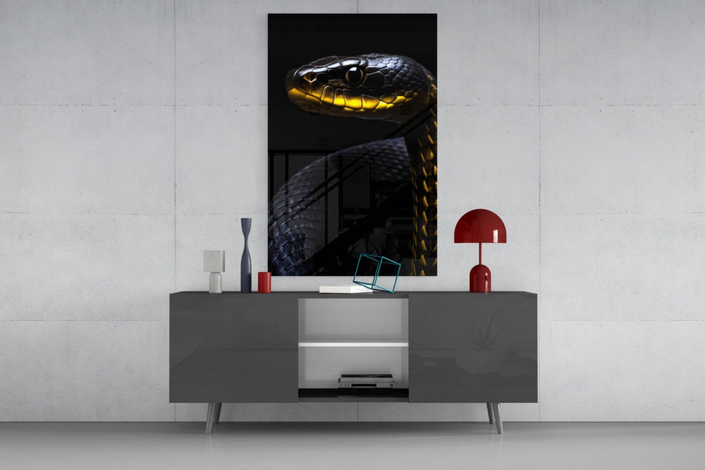 Black and Yellow Viper glass wall art catching light to reveal its scale gleam