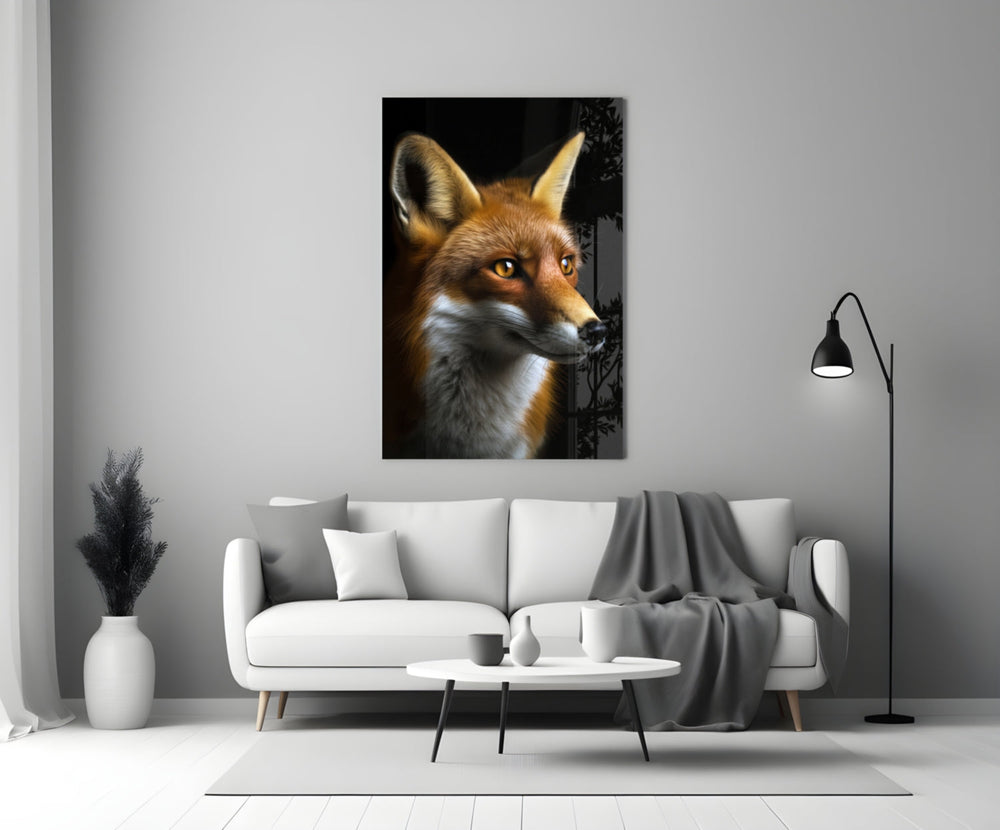 Close-up detail of the red fox profile and amber eyes behind glass