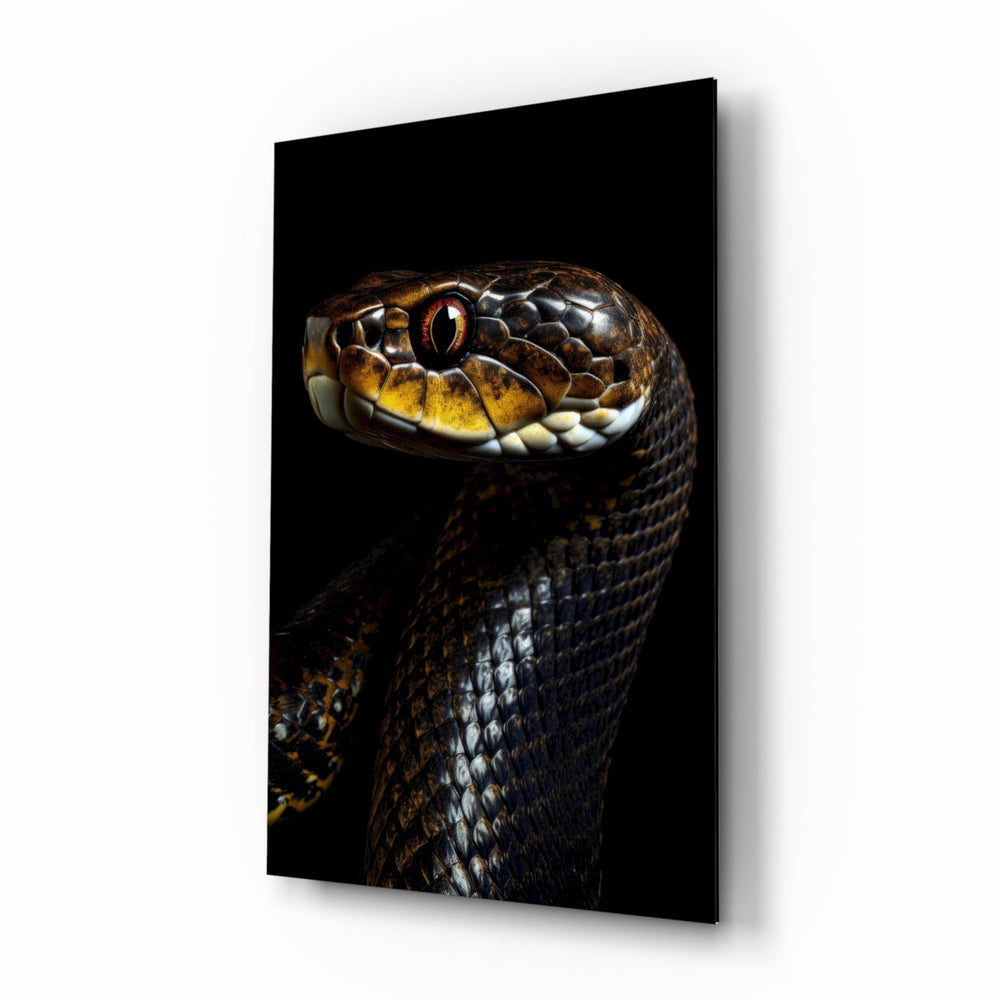 Golden-Eyed Black Snake wildlife glass wall art in a modern study