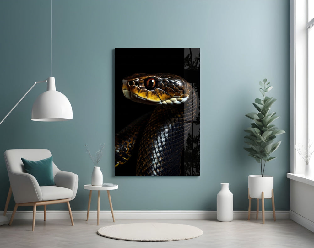Black snake portrait artwork styled in an executive office