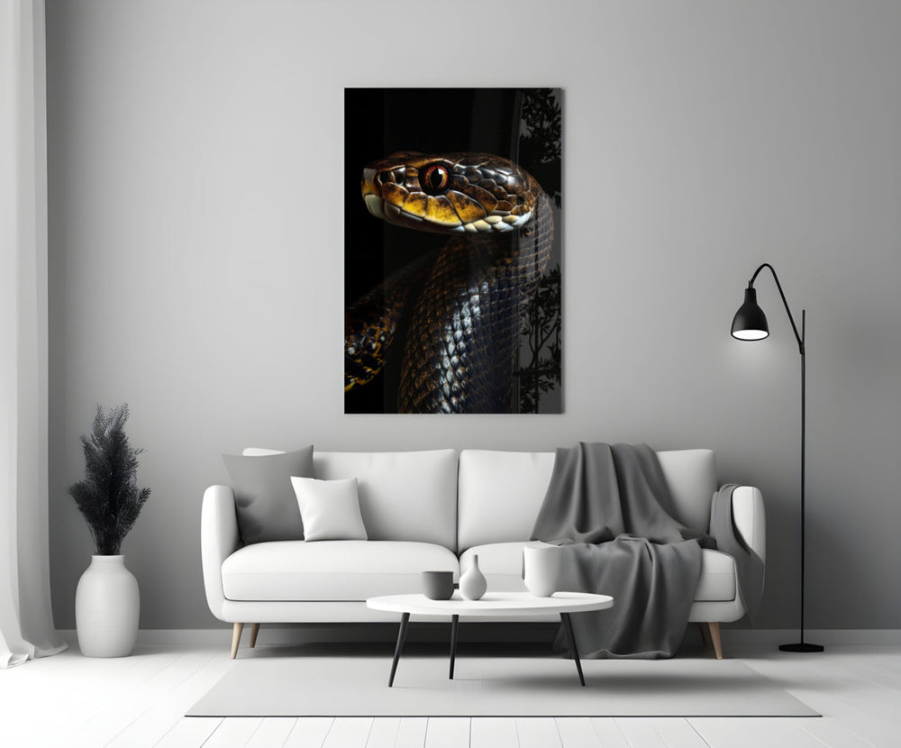 Close-up detail of the black serpent and ruby eye behind glass