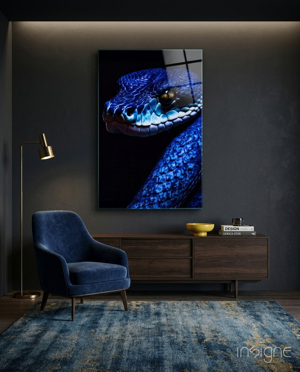 Eyes of the Blue Viper Glass Wall Art || Designer Collection - Lifestyle preview in a designer interior