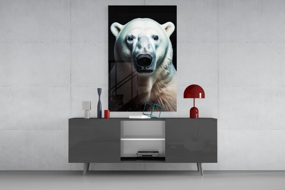 Polar Bear glass wall art catching light to reveal its fur detail